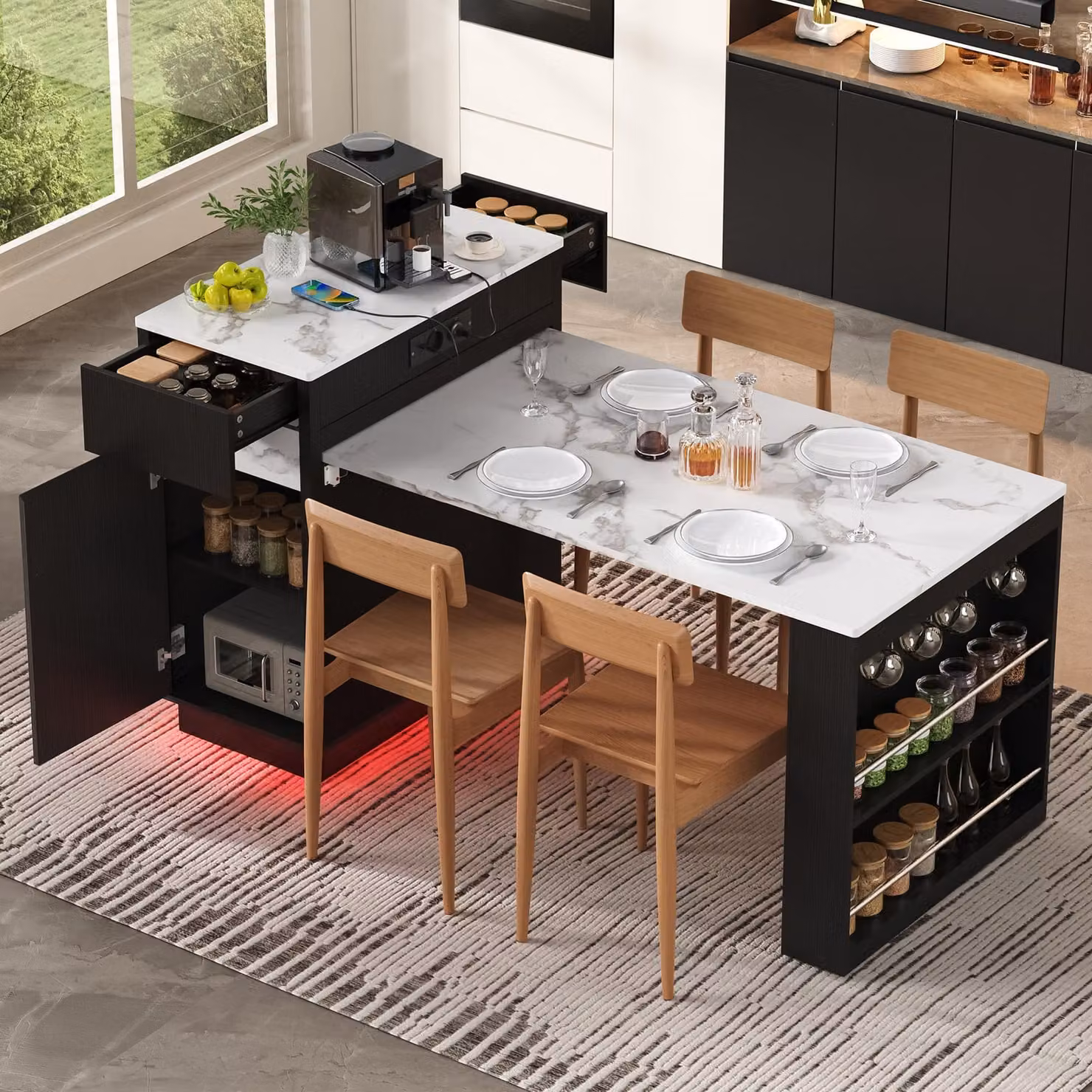 Tavolo allungabile per sala da pranzo con piano pieghevole, dotato di rotelle, prese elettriche e ganci. Tavolo da bar per cucina o sala da pranzo, colore nero