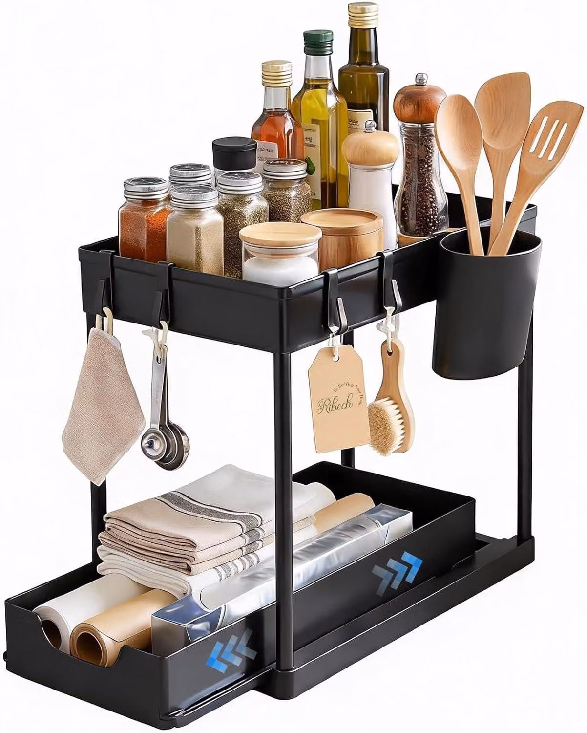 Organizzatore sottopensile in plastica, a 2 livelli, dimensioni 37,5 x 20,5 x 33 cm, con cassetti estraibili, ideale per cucina e bagno