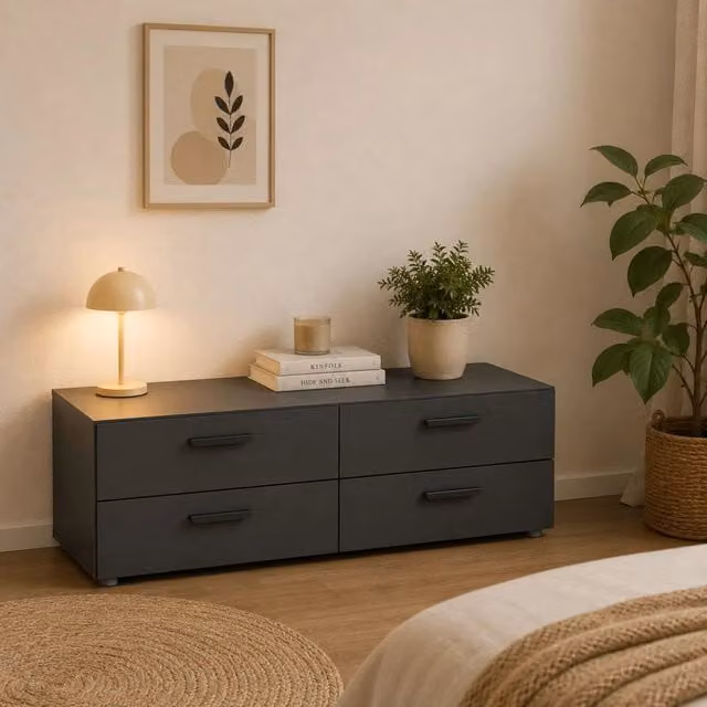 Cassettiera Gignod DMORA con 4 cassetti, Nero Antracite, L: 111 cm, P: 52 cm, H: 35 cm