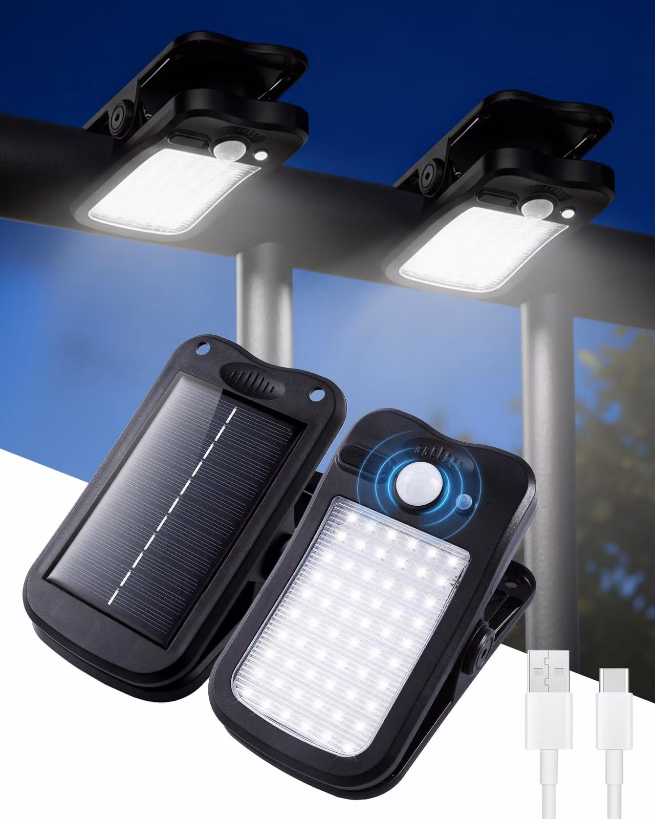 Set di 2 luci solari da esterno, design a clip, 3 modalità, grado di protezione IP65, ideali per recinzioni e giardini