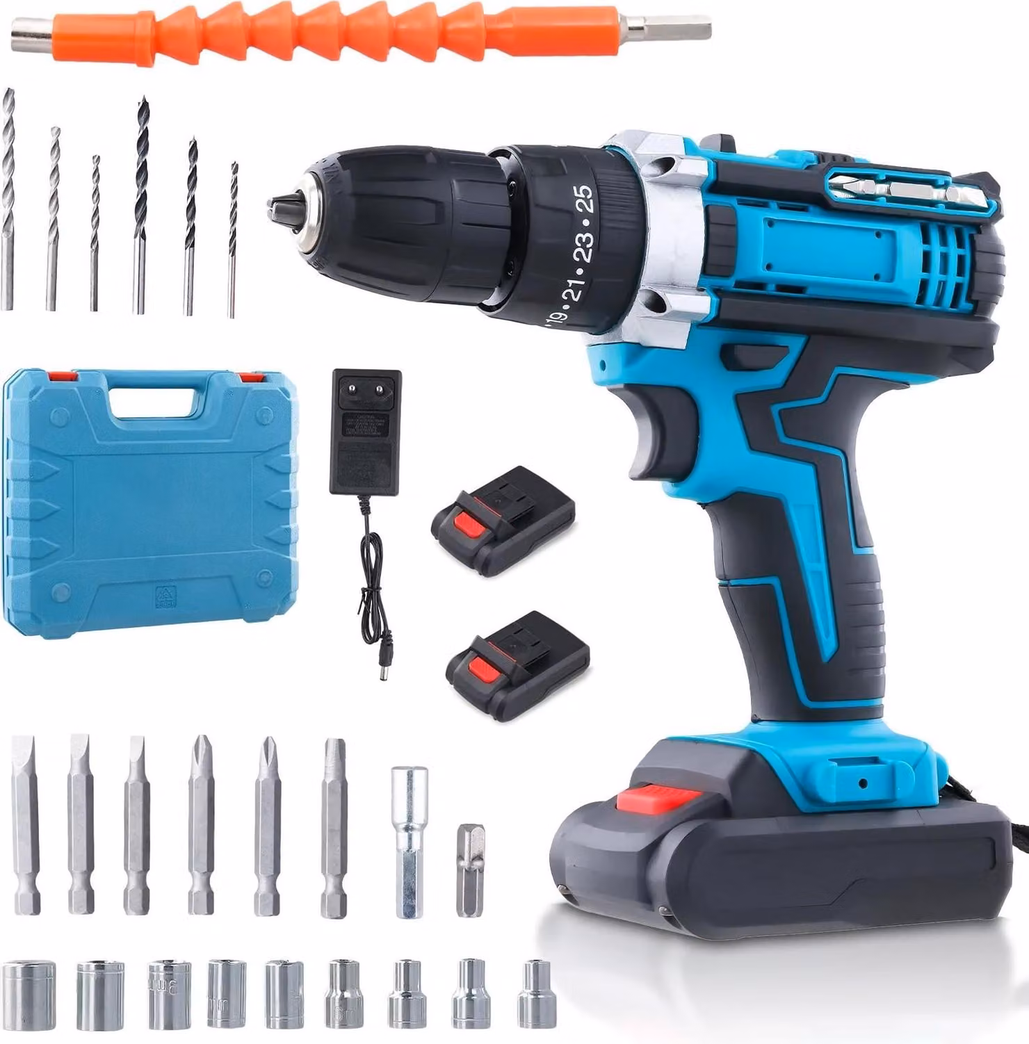 Set di trapano avvitatore a percussione a batteria - Trapano a percussione senza fili - 25+3 livelli di velocità - 3 funzioni: foratura, percussione e avvitatura - 2 batterie - Adatto per metallo e lavori di bricolage