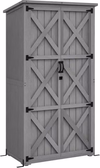 Casetta da giardino in legno massello con tetto inclinato e 2 ripiani ¨C Minimal ¨C 90x55x169 cm grigio