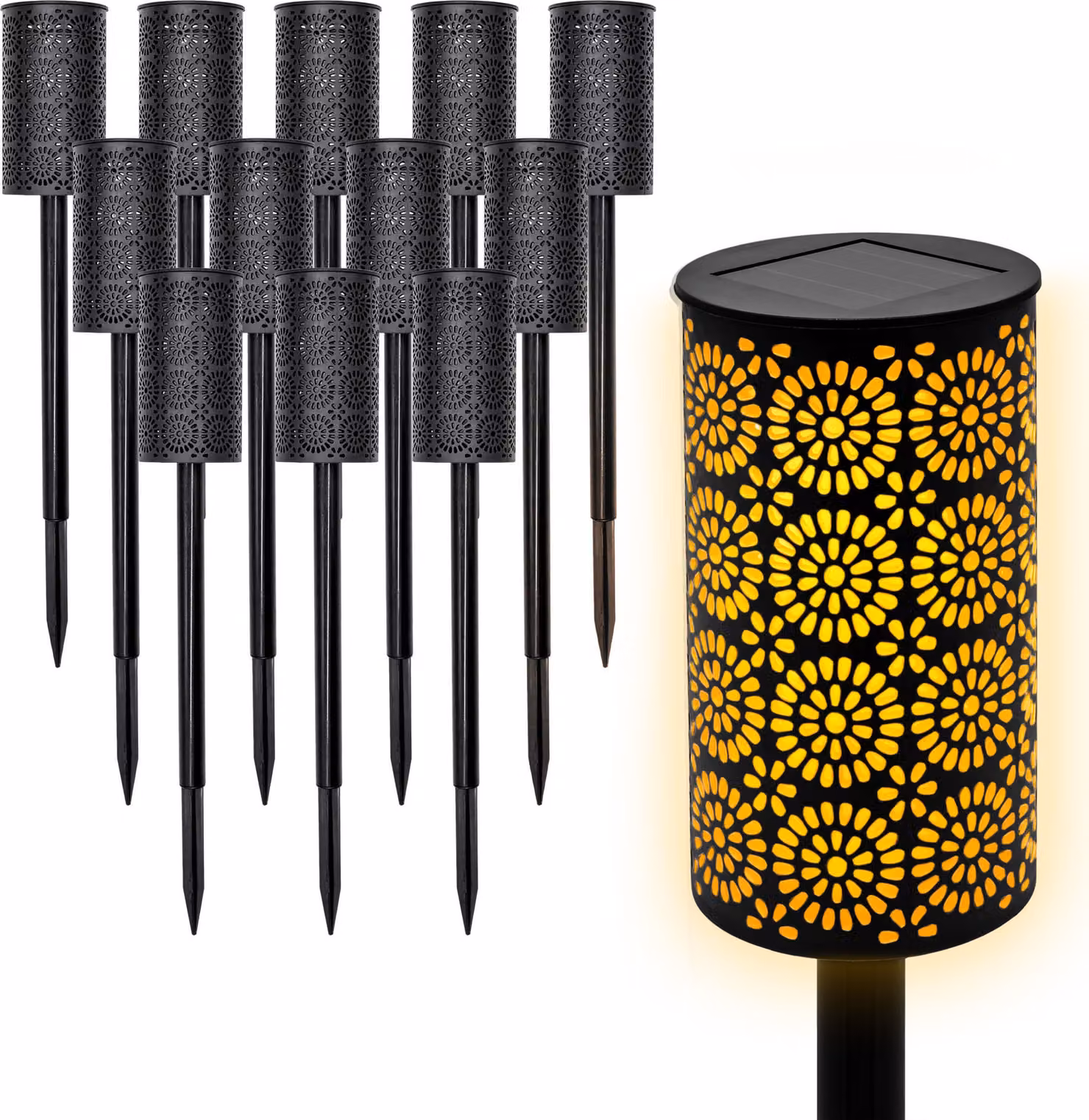 1.01 Torcia solare a LED in nero - 12 pezzi / circa 49 cm - Luce da giardino con 12 LED ed effetto fiamma (12 pezzi / 1 scatola)