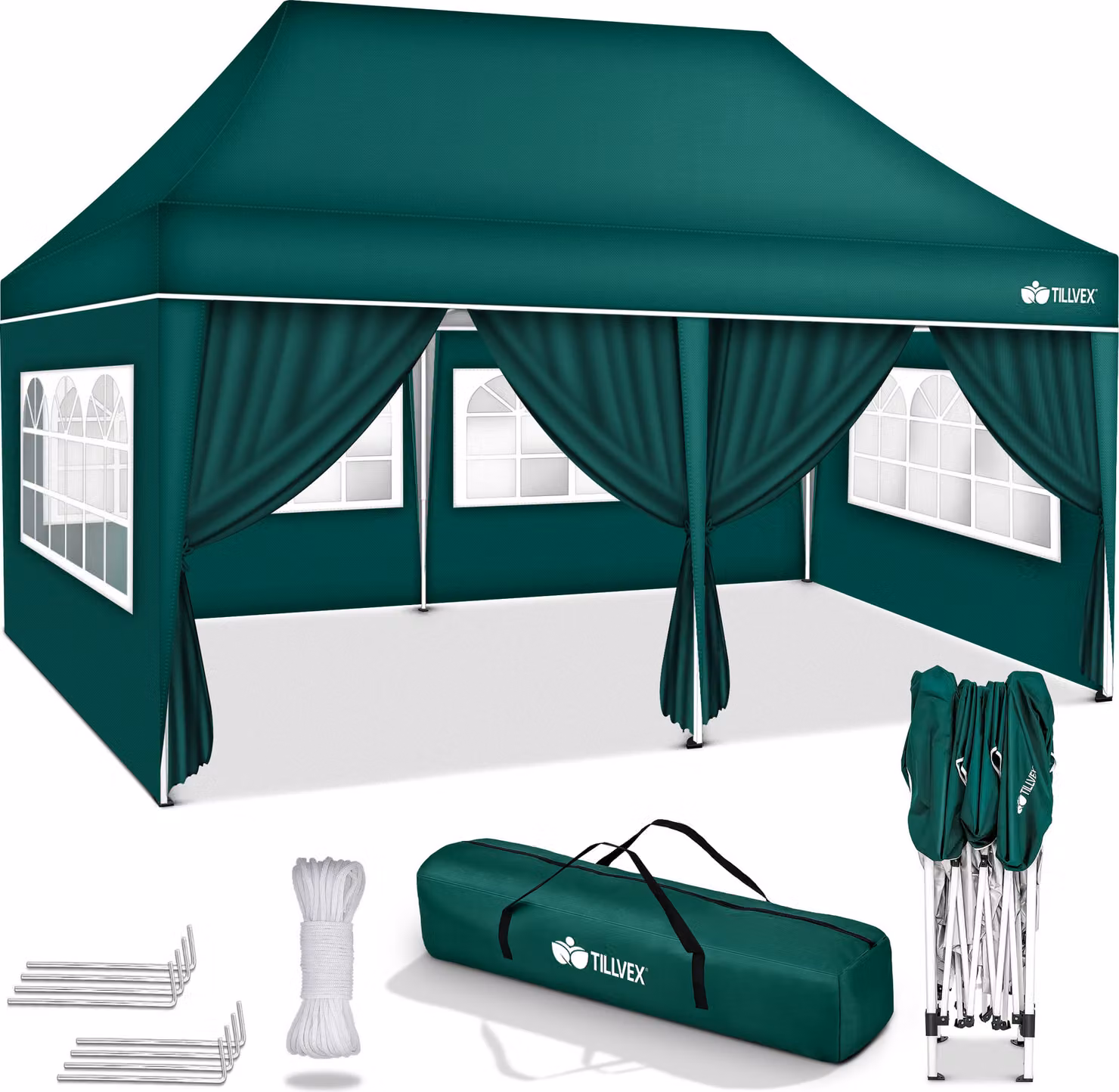 tillvex gazebo 3x6m - con 6 pareti laterali verde impermeabile | gazebo pieghevole pop-up regolabile in altezza | tenda da giardino protezione UV 50+ | tenda da festa con borsa per giardino