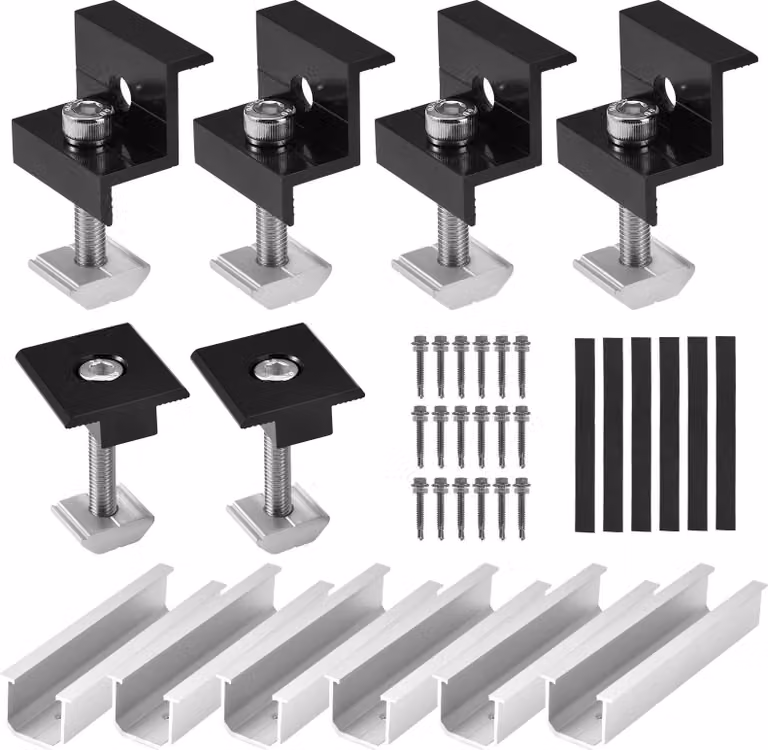 Supporto per moduli solari - Sistema di montaggio - Fissaggio in lamiera trapezoidale di alluminio - Morsetto terminale regolabile - Per telai da 30 mm e 35 mm - Tetto in lamiera - Argento