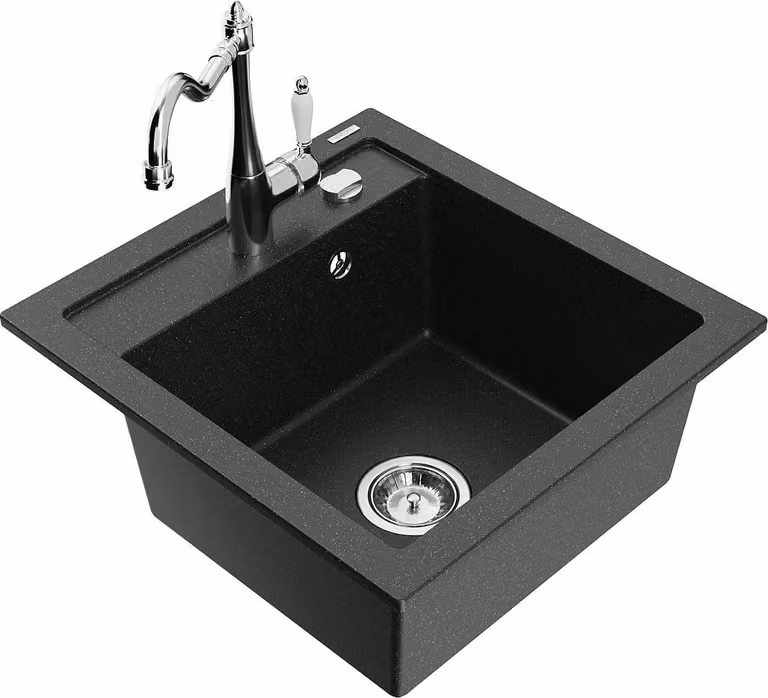 Mexen Vito lavello da cucina in granito 1-vasca con rubinetto da cucina Carla, nero/argento metallizzato - 6503-73-670700-00