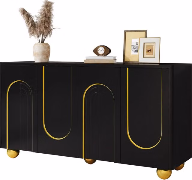 Credenza 4 ante per soggiorno e sala da pranzo, decoro linee dorate ad arco, piedi metallici sferici