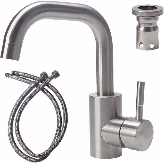 Miscelatore monocomando in acciaio inossidabile Ibenzoa® (lucido) – Ideale per bagno e cucina, con bocchetta girevole a 360°, altezza 42 cm, cartuccia in Vetroceramica, acciaio inossidabile 304, attacchi da 12 mm, tubi di collegamento da 60 cm