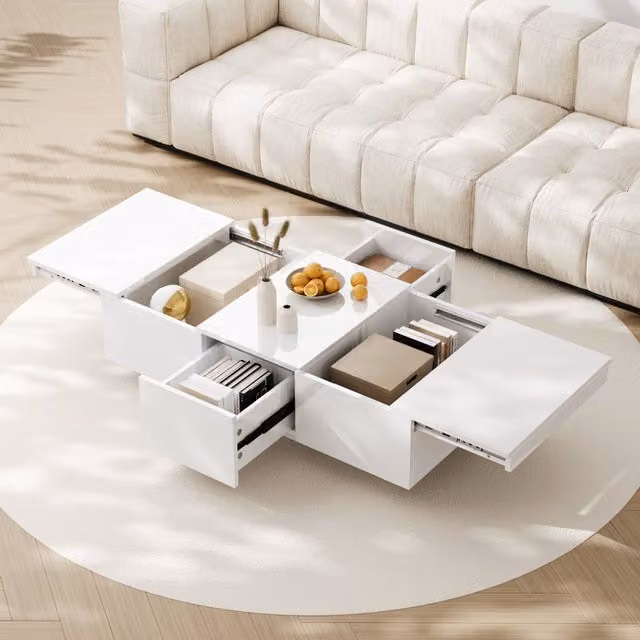 Tavolino da Salotto Moderno Aosom Italy Bianco Lucido con Struttura Portaoggetti Push-Pull e Doppio Cassetto L: 61,5 cm, P: 61,5 cm, H: 14,5 cm