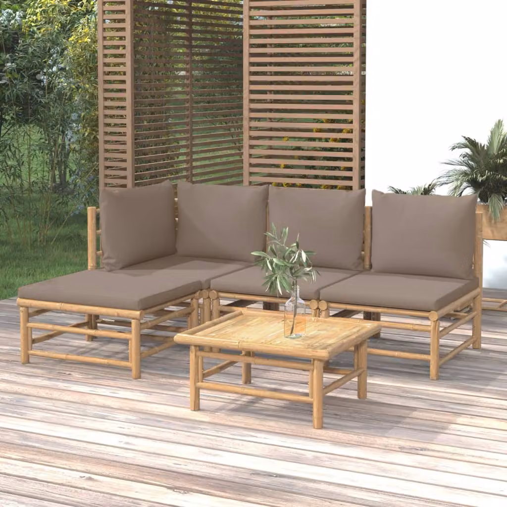 Set Salotto da Giardino vidaXL in Bambu con Cuscini Beige e Marrone per Terrazza e Giardino