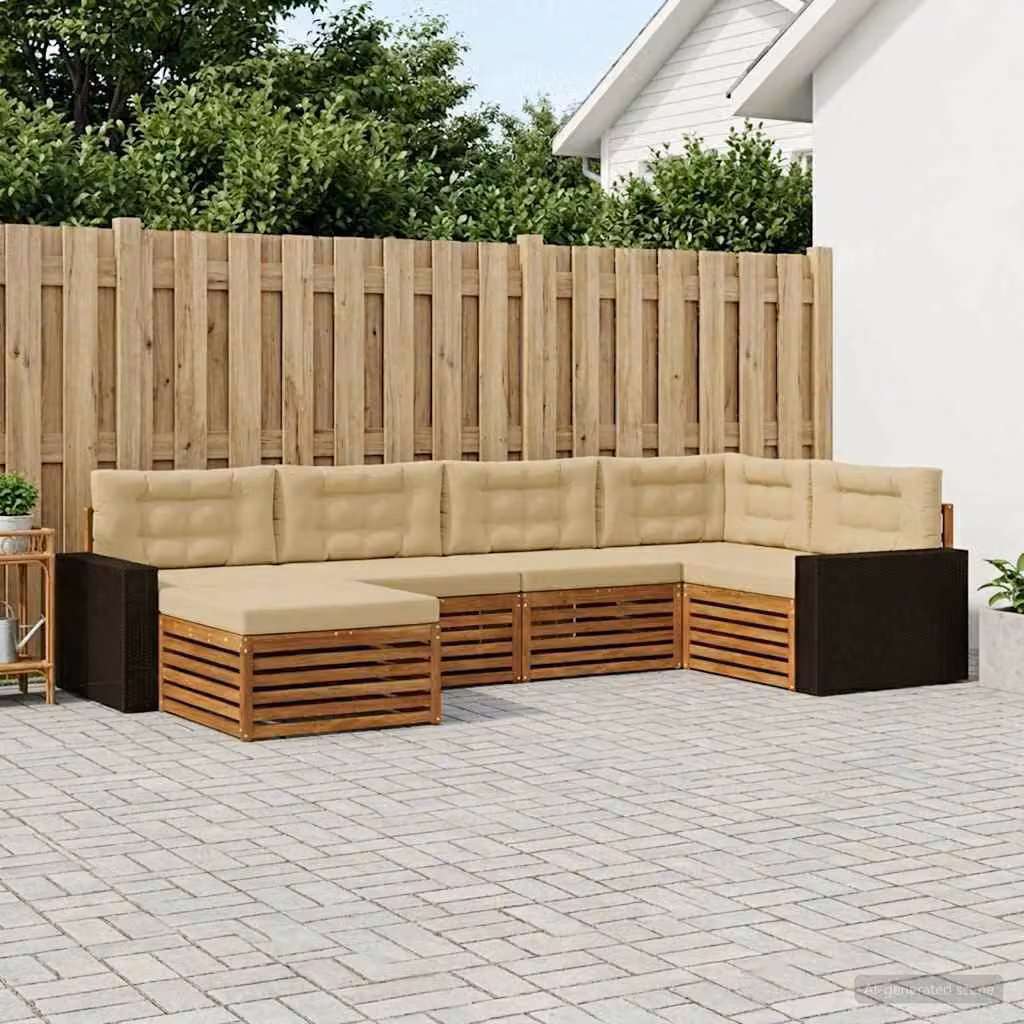 Set di divani da esterno vidaXL 6 pz a forma di L in legno di acacia con cuscini beige e marrone
