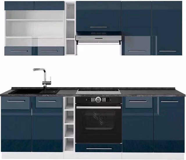 Mobile da cucina Vicco Fame-Line moderno in MDF lucido Blu scuro e Bianco con base Antracite L: 235 cm, H: 206,8 cm, P: 60 cm