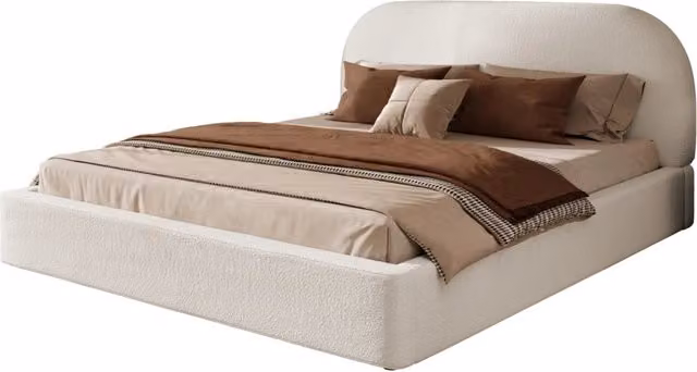 Letto matrimoniale imbottito 180x200 in tessuto bouclé beige， con rete a doghe， testiera spessa e struttura stabile per la camera da letto， senza materasso