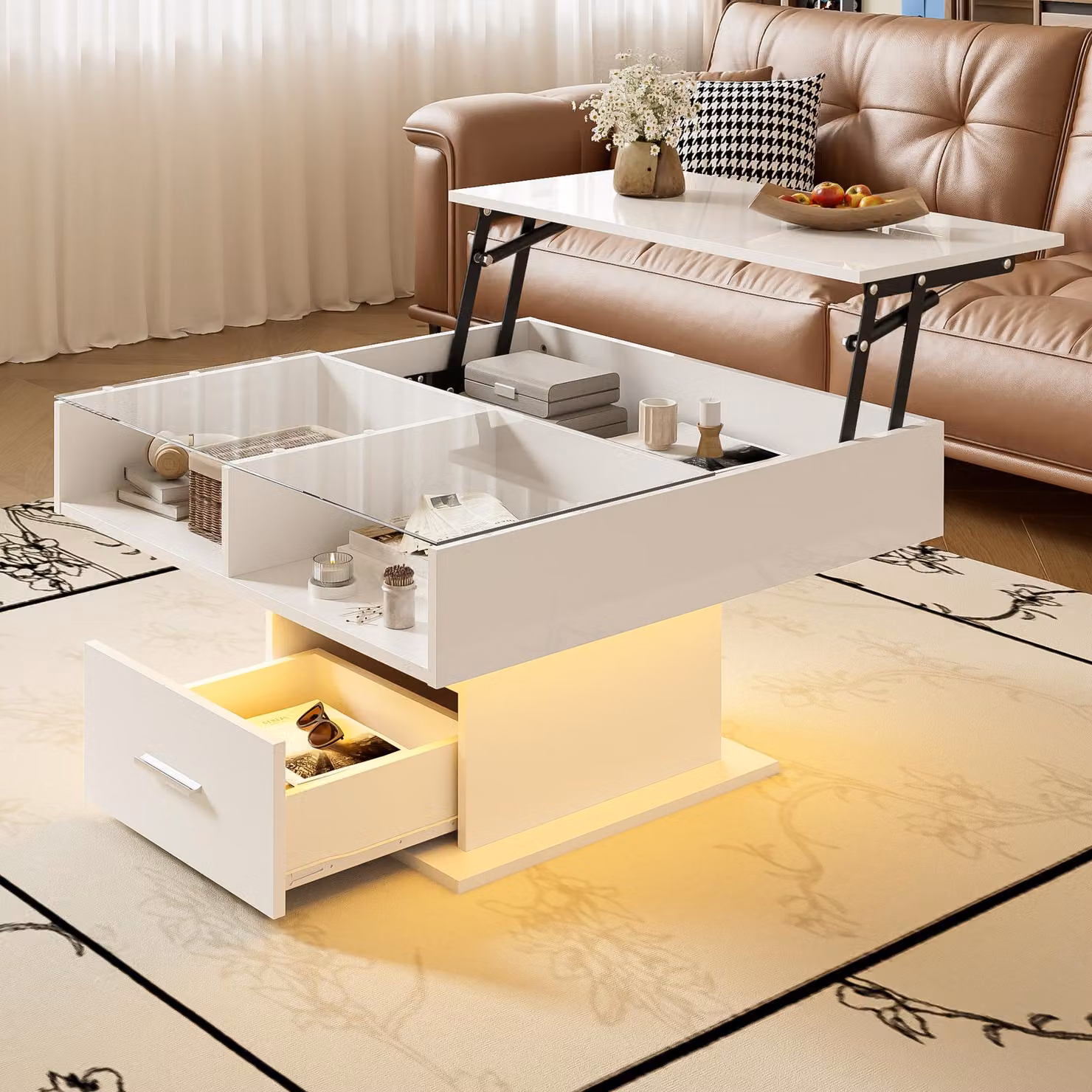 STILVORA Tavolino regolabile con illuminazione a LED, tavolino da divano lucido con vano portaoggetti, tavolino da salotto con cassetto, bianco