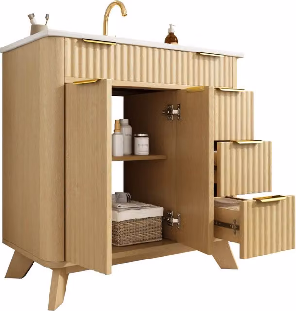 Mobile bagno a terra 81 cm in legno naturale con design ondulato; 3 cassetti e lavabo in ceramica