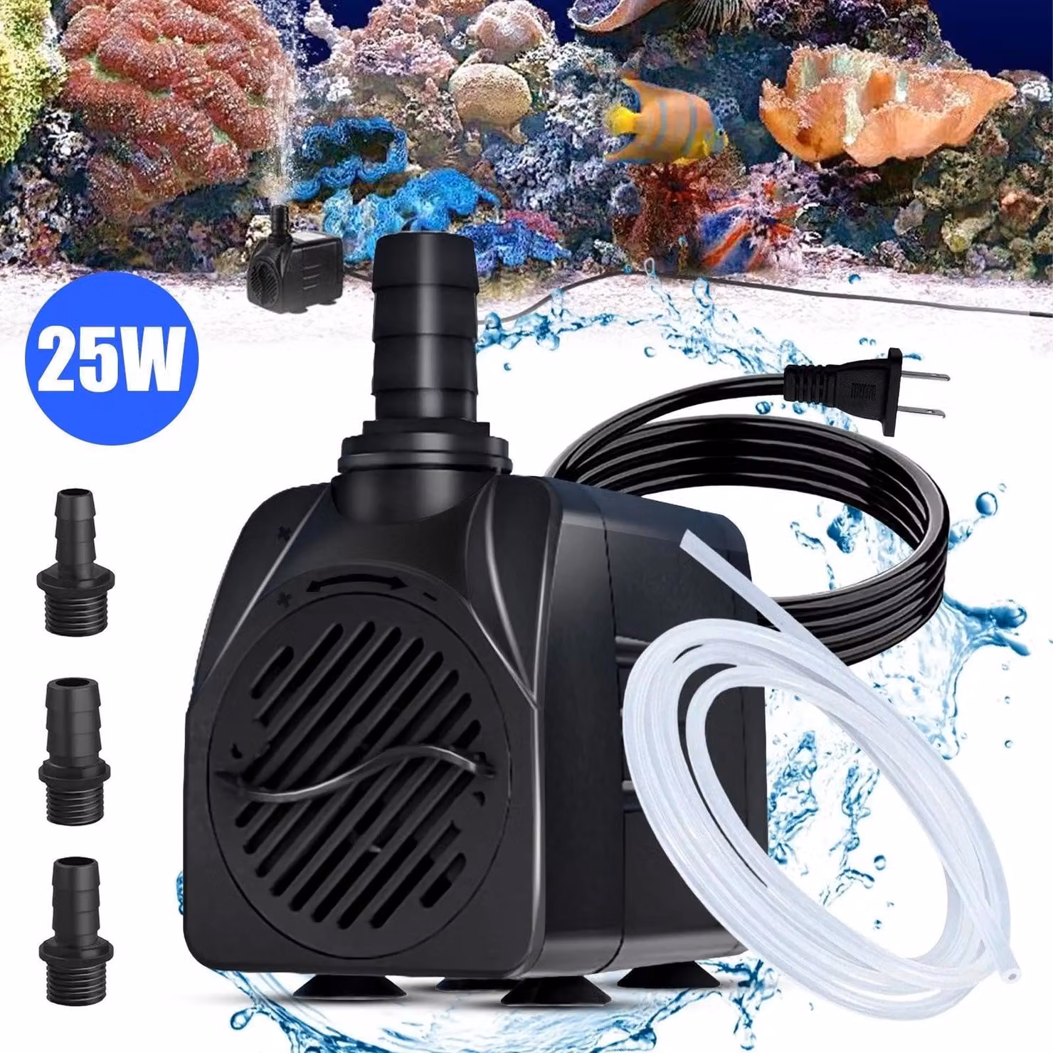 Pompa per acqua da 1500 litri/ora, adatta per acquari, stagni, fontane e piccoli laghetti ornamentali. Disponibile anche in versione pompa sommergibile