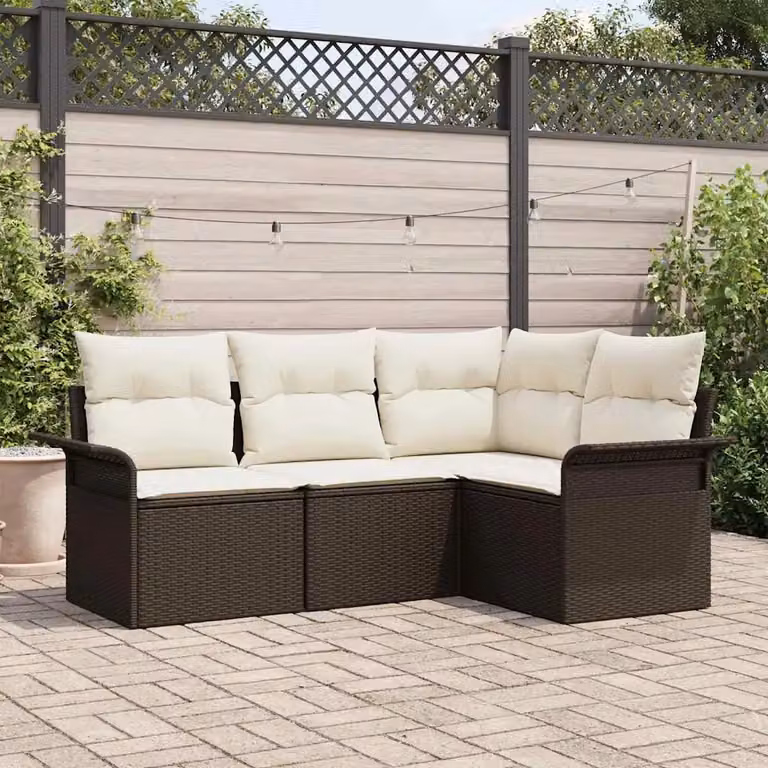 Set Divano da Giardino a L vidaXL Marrone con Cuscini e Struttura in Metallo e Polyrattan