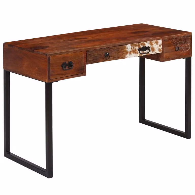 Maison Exclusive - Scrivania in legno massello di acacia e vera pelle, dimensioni 117x50x76 cm