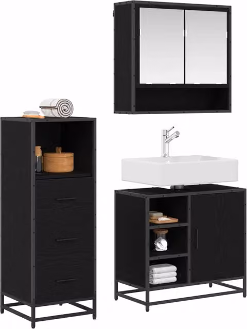 Set di mobili per il Bagno | Armadio da bagno 3 pz Rovere Nero Legno multistrato
