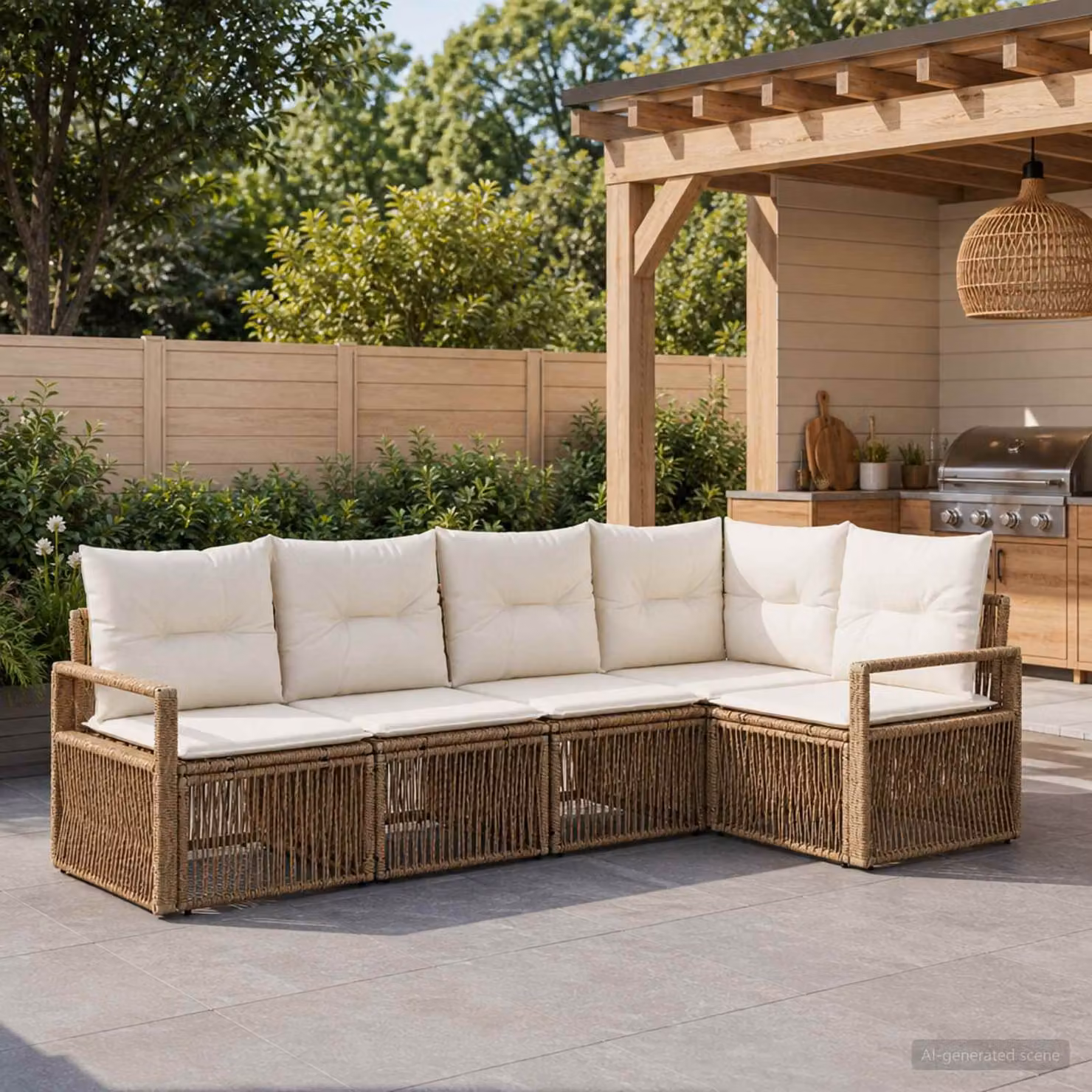 Set Divano da Giardino vidaXL a Forma di L in Polyrattan Beige con Cuscini Imbottiti e Struttura in Acciaio