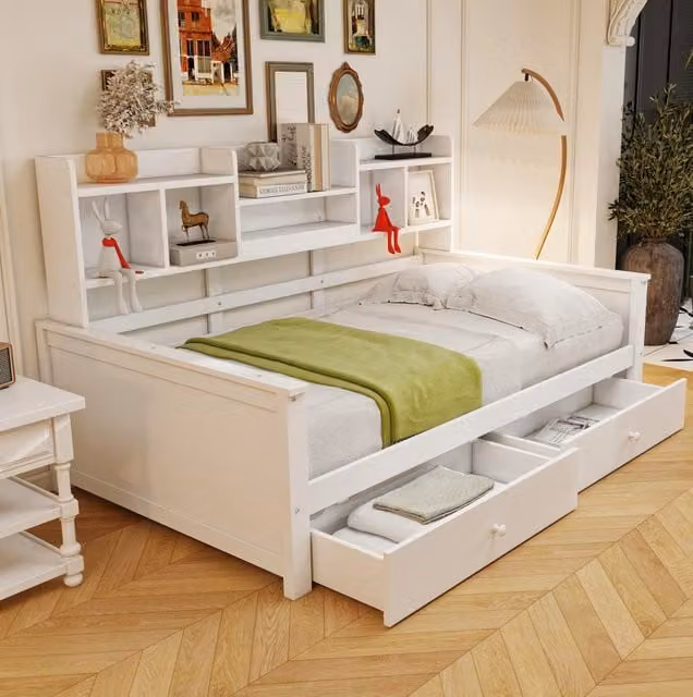 Divano letto 90x200 cm in legno con 2 cassetti e vani laterali; bianco