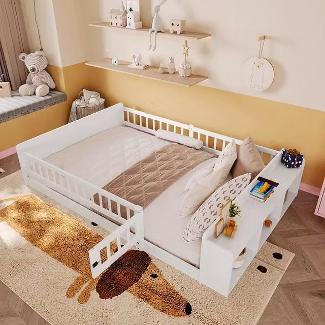 Letto bambino-Xylo-90x200 cm-legno, contenitore aperto, ripiani, struttura apribile, bianco
