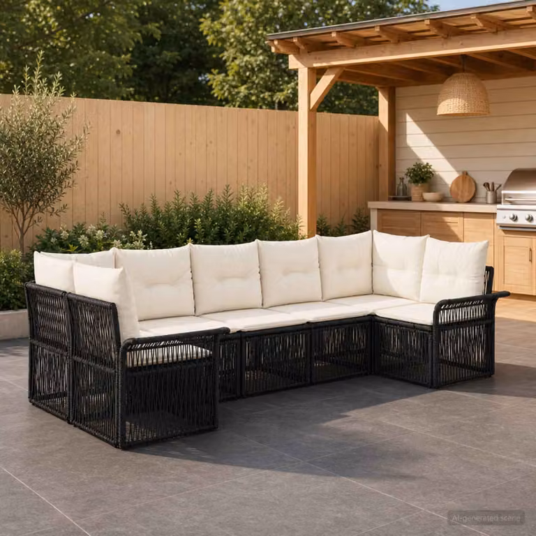 Set Divano da Giardino vidaXL a 7 posti in Polyrattan Nero con Cuscini e Struttura in Metallo