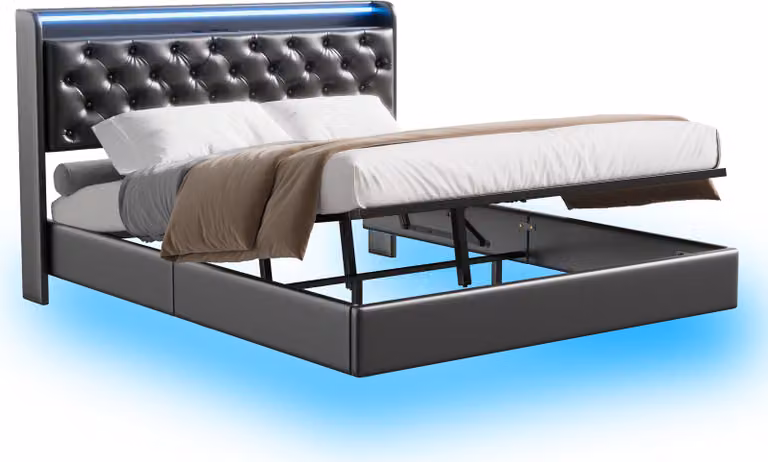 Letto sospeso Moonbite, 140x200 cm, nero, con LED RGB a 360°, controllo vocale e tramite app, porta USB-C, spazio contenitore idraulico, ripiano integrato nella testiera