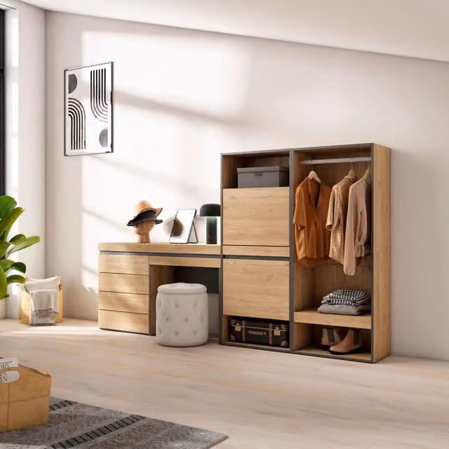 Scarpiera, 247x35x145cm, Camera da letto, Armadio Aperto, Cassettiera, Tavolo da toeletta, colore Rovere RF3539