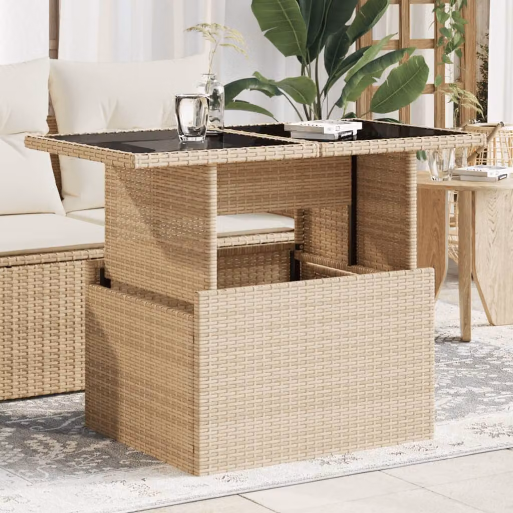 vidaXL Tavolo da Giardino in Polyrattan Beige con Piano in Vetro L: 100 cm, P: 55 cm, H: 73 cm