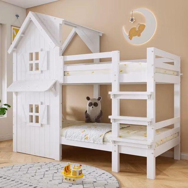 Letto a castello per bambini ¨C Minimal ¨C Bianco legno pino 90x200cm con scaletta e ringhiera di sicurezza