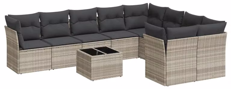 Set da salotto da 10 pezzi, color grigio chiaro, in rattan sintetico, con 10 posti a sedere e cuscini
