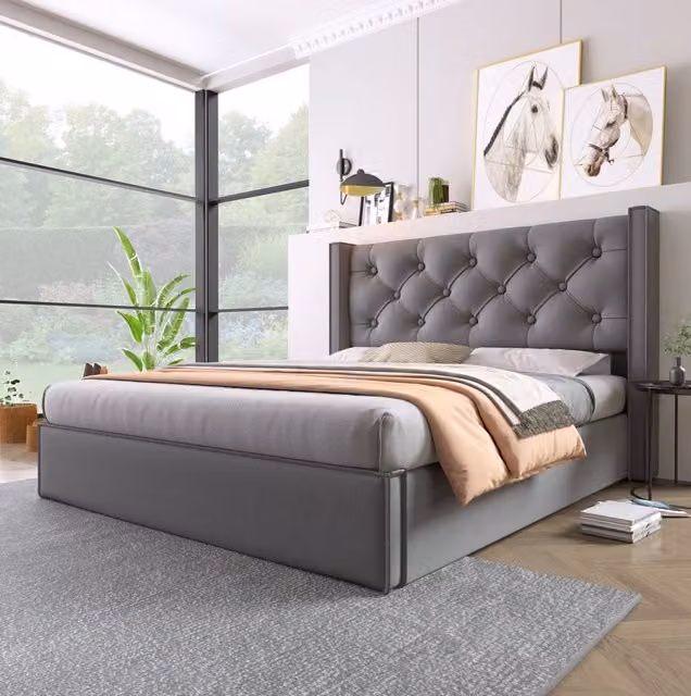 Letto contenitore 140x200 cm con testiera imbottita e rete sollevabile; legno; grigio (Senza materasso)
