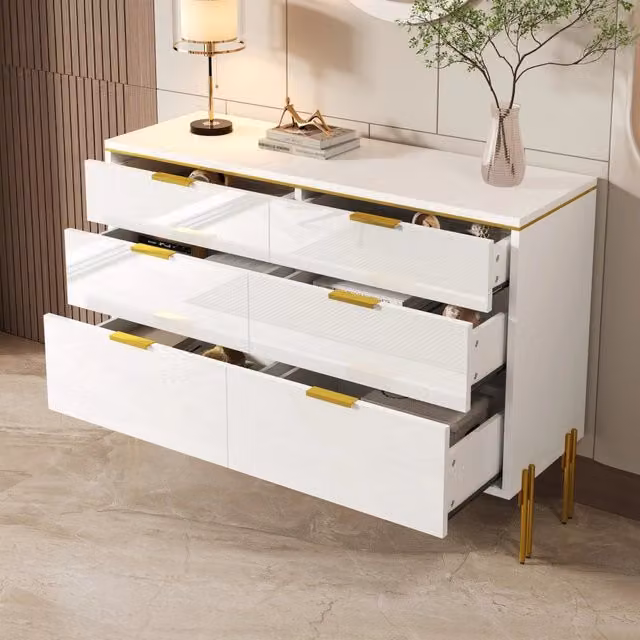 Credenza moderna con 6 cassetti lucidi, bianca e oro, per soggiorno, sala da pranzo e ingresso, 120 × 40 × 85.5 cm