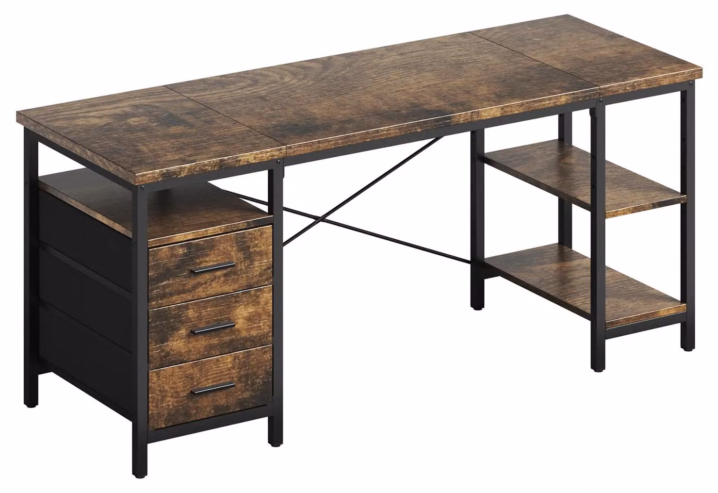 Scrivania per computer - Scrivania da gaming - 140 x 60 x 75 cm - 3 cassetti rivestiti in tessuto - 3 ripiani - Forma rettangolare - Colore marrone