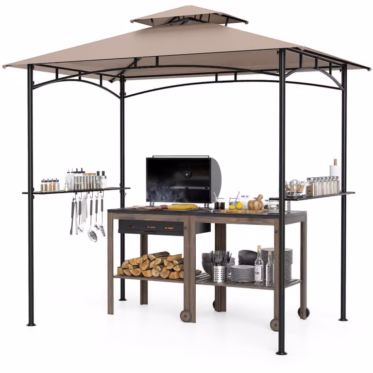 Gazebo per barbecue COSTWAY con doppio tetto, 2 mensole laterali e 6 ganci, gazebo per barbecue, copertura per barbecue resistente alle intemperie, riparo per barbecue 242x150x250 cm, marrone