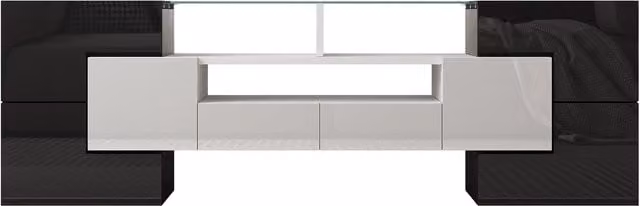 Mobile TV Moderno Aosom con Illuminazione LED Integrata, Superfici in Vetro Lucido, 6 Ante, 2 Cassetti e 3 Scomparti, Bianco e Nero, L: 145 cm, P: 30 cm, H: 51 cm
