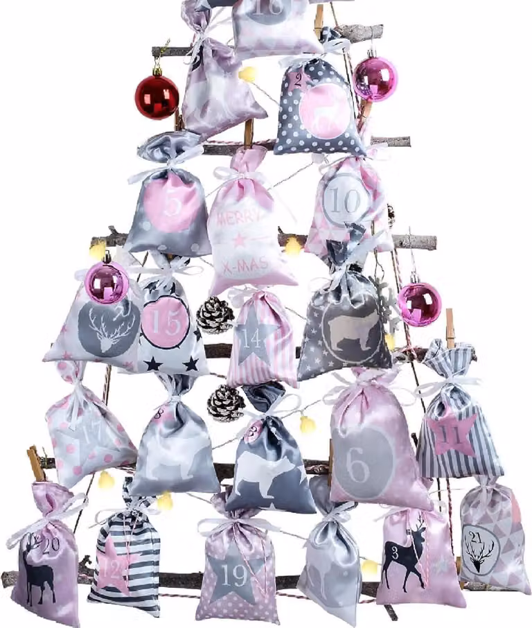 Calendario dell'Avvento da riempire XXL rosa grigio sacchetti di tessuto set di 24