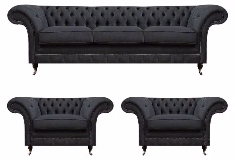Graue Chesterfield Bettfunktion Sofa Textil 2x Sessel 3tlg Set Garnitur