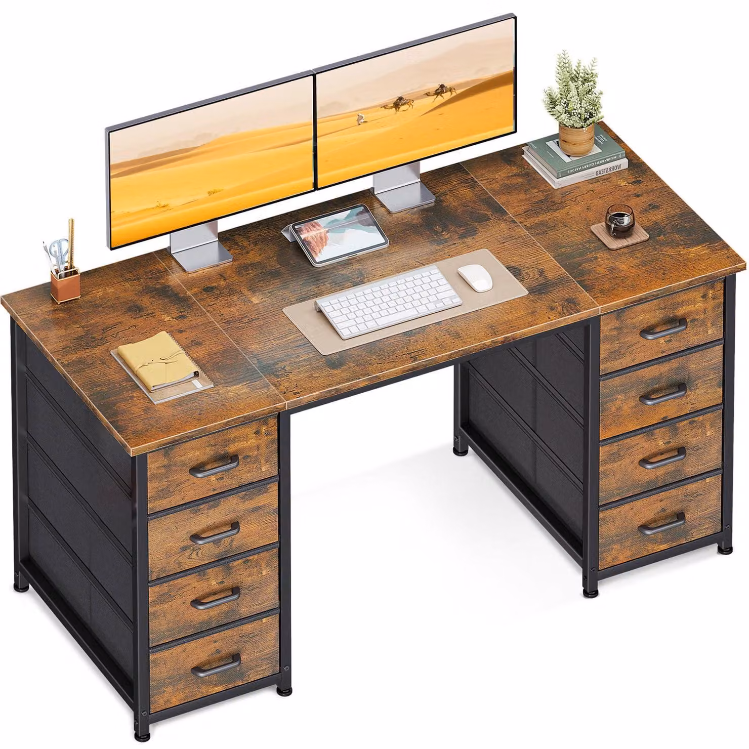 Scrivania con 8 cassetti rivestiti in tessuto, color marrone, dimensioni 120x48 cm, ideale per l'ufficio