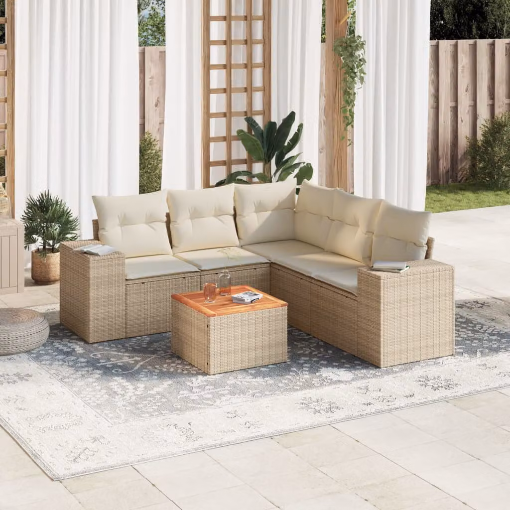 vidaXL Set Divano da Giardino a L in Polyrattan Beige con Cuscini e Tavolino da Esterno – 1