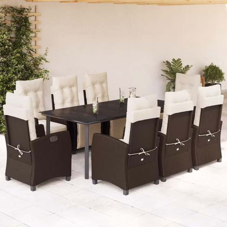 Set da Pranzo da Giardino vidaXL in Polyrattan Marrone con 9 Pezzi e Cuscini