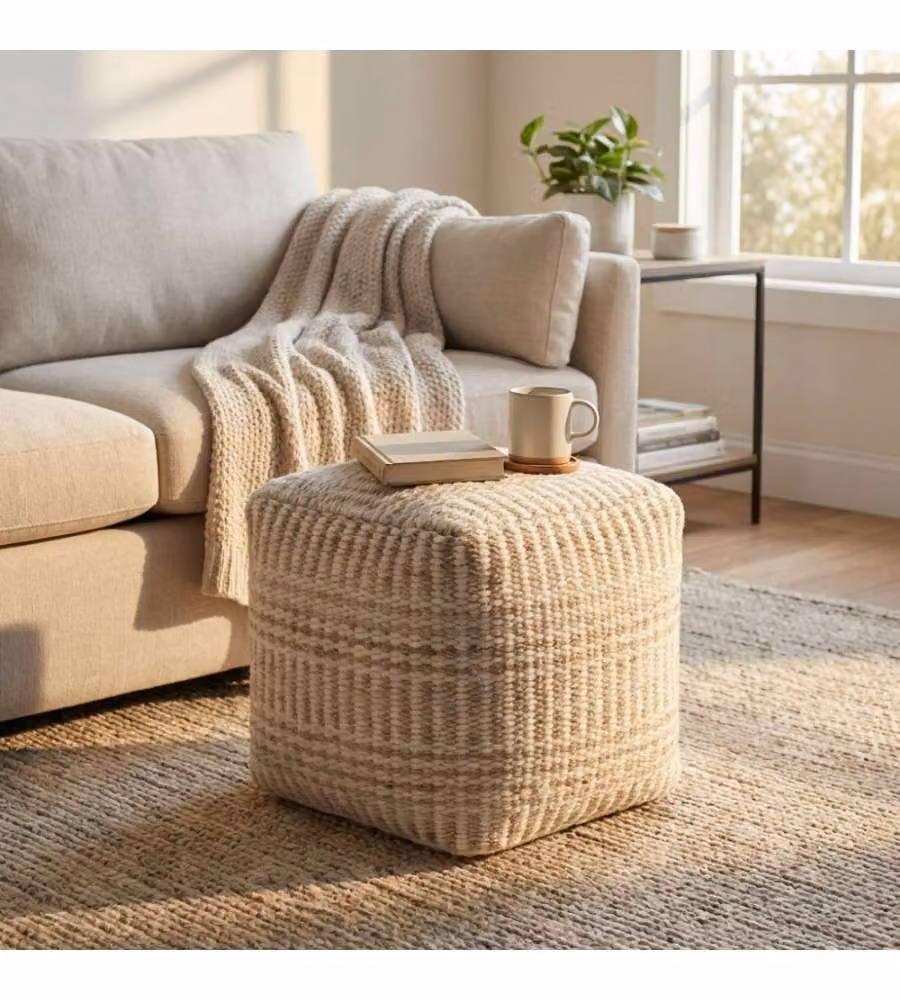 Cosma Pouf Quadrato in Cotonex e Lana 40x40 cm Ecrù e Bianco