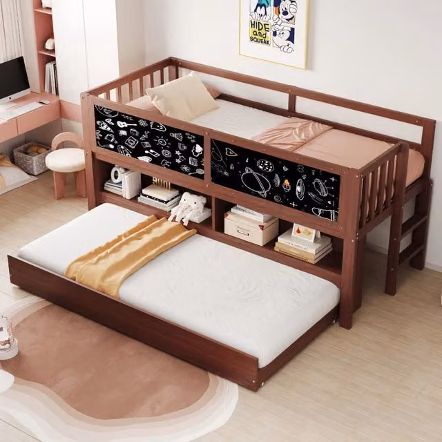 Letto a soppalco per bambini 90 × 200 cm con letto estraibile, lavagna e ripiani, senza materasso, marrone