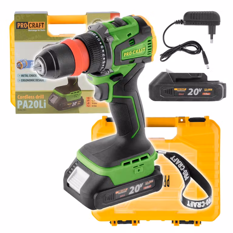Procraft PA20LiDFR Trapano avvitatore a batteria 20 V 50 Nm Brushless + 1x batteria 2,0 Ah + caricabatterie + valigetta