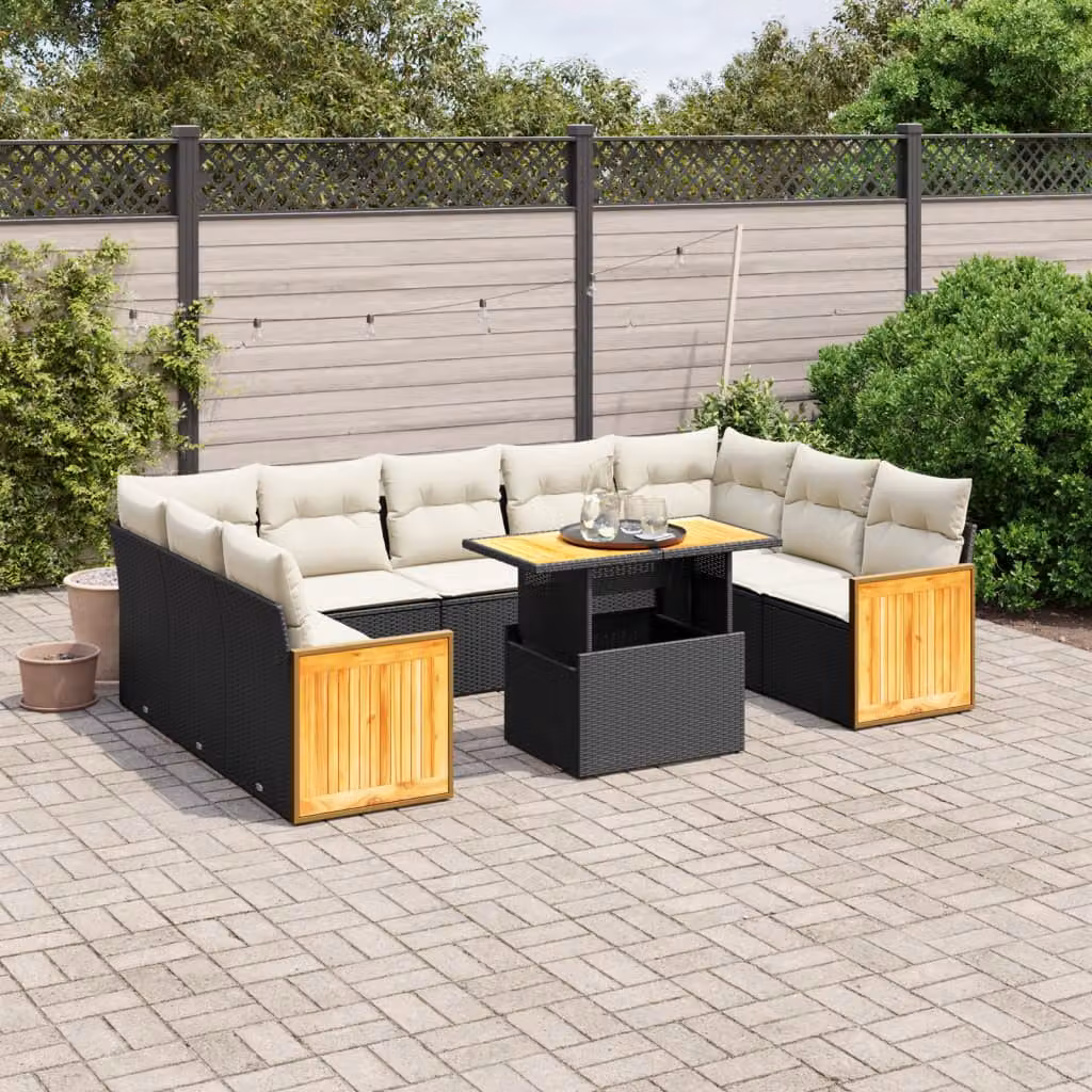 Set di divani da giardino vidaXL in polyrattan nero con cuscini e tavolino da esterno a forma di U – 1