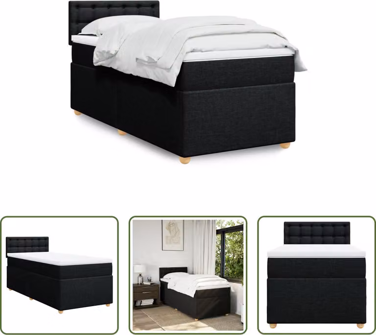 The Living Store Letto a molle con materasso nero 80x200 cm in tessuto