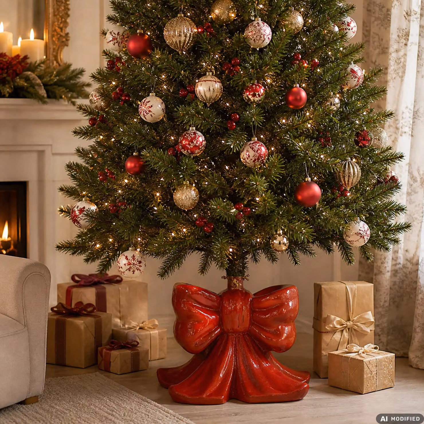 Base per Albero di Natale VESTIAMO CASA con Fiocco Decorativo Rosso e Oro, Altezza: 45 cm – 2