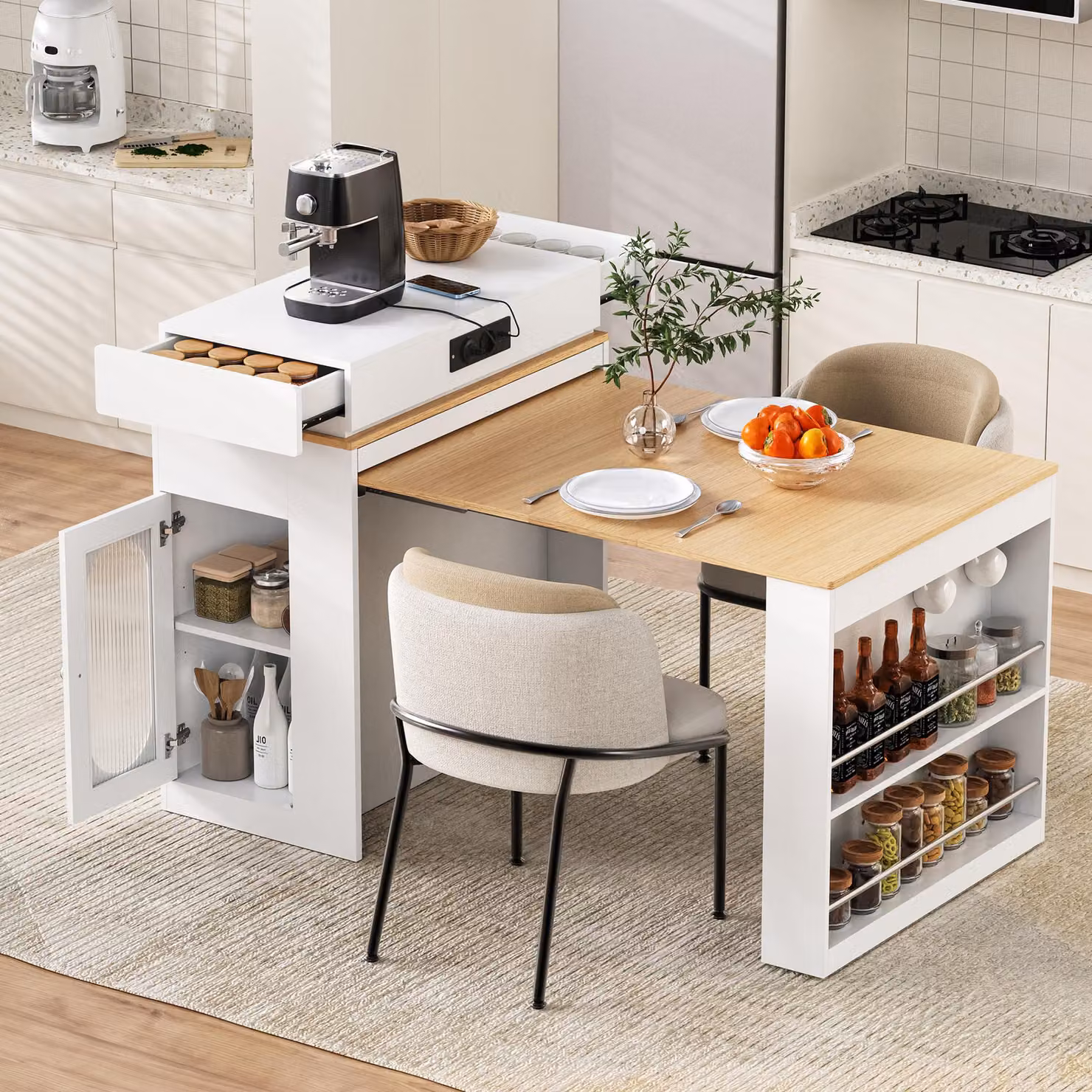 Isola da cucina, credenza con piano estendibile e ribaltabile, tavolo da cucina, bancone con prese elettriche e ganci, mobiletto da cucina con spazio contenitivo, bianco