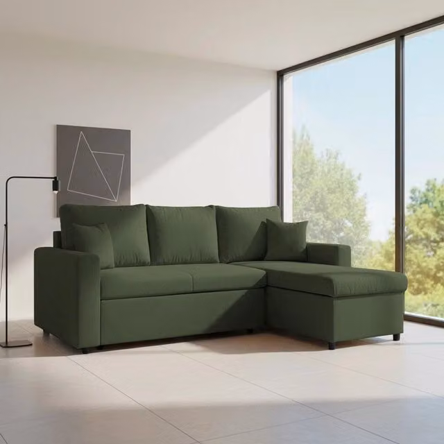 Divano con penisola reversibile funzione letto Golf tessuto verde muschio 225x148x91H